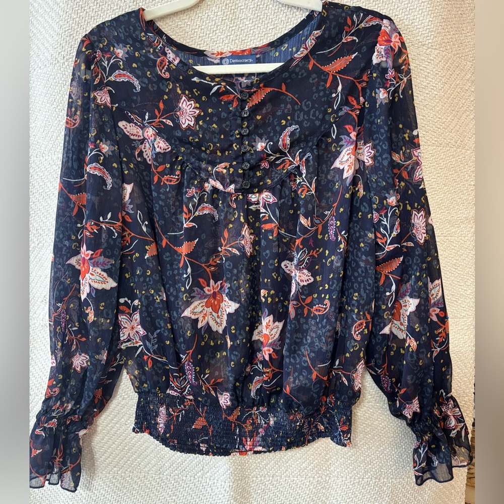 Democracy | Flowy Semi-Sheer Long Blouson Sleeve Blouse with Smocked Hem M… - Picture 3 of 10